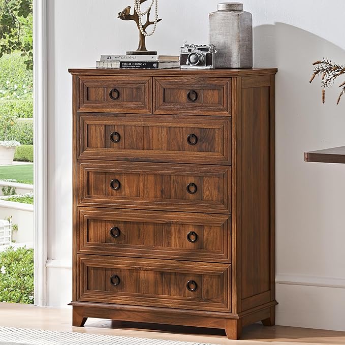 Farmhouse 6 Drawer Dresser for Bedroom Set of 2, 41" Tall Small Dressers & Chest of Drawers, Rustic Wood Dresser with Metal Handle, Storage Organizer Closet for Living Room, Hallway, Entryway