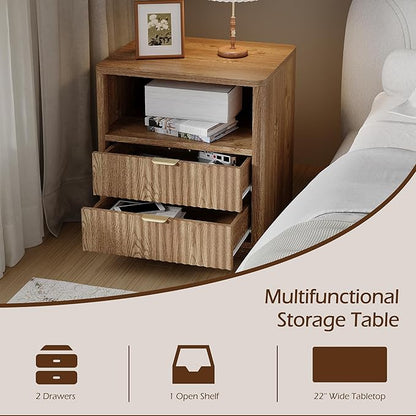 Fluted Nightstands Set of 2 - Walnut Nightstand with 2 Drawers & Open Shelves, 22" Wide Large Bedside Stand Modern Storage Wooden Side Tables for Bedroom (Natural Oak)