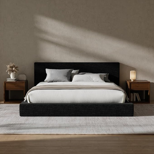 RECCI Cloud Upholstered Queen Bed Frame with Headboard, 5 Inch Foam Padded Platform, No Box Spring, Easy Assembly (Onyx Black)