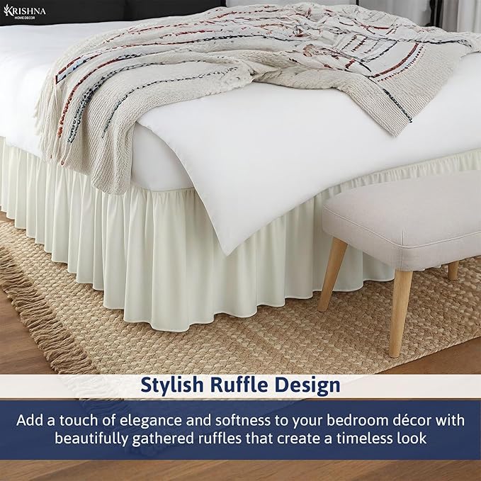 KRISHNA Ruffled Bed Skirt with Split Corners Full, 100% Microfiber Hotel Quality, 24 Inch Drop Dust Ruffle Gathered Bedskirt with Platform, 54" x 75", Ivory