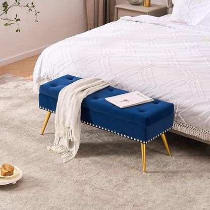 Velvet Storage Bench with Gold Legs& Nailhead Trim, 40" Wide Upholstered Modern Bedroom Bench for End of Bed, Tufted Ottoman for Entryway Living Room Dining Room (Navy Blue, 40" Wide)