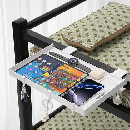 Foldable Bedside Shelf, Metal Clip-On Bed Tray Table for Bunk Bed & Dorm Beds, Dorm Room Essentials Organizer for College Students, Floating Tray, Space Saving Nightstand for Loft Beds (White, Large)