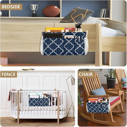 Bedside Caddy Hanging Bunk Bed Caddy Bed Organizer Hanging Pocket with 2 Hooks Bedside Storage Organizer Pocket Bag Holder Navy Blue Geometric Quatrefoil