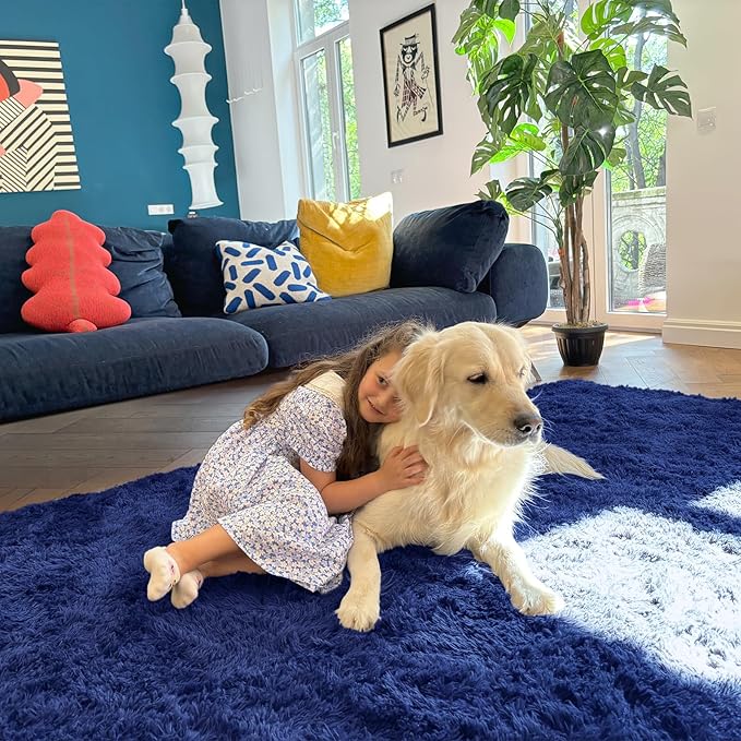OLANLY 2x8 Machine Washable Runner Rugs for Hallway, Soft Fluffy Shaggy Bedside Rugs for Bedroom, Living Room, Indoor Floor Carpet for Kids Girls Boys, Nursery Rooms, Home Decor Aesthetic, Navy Blue