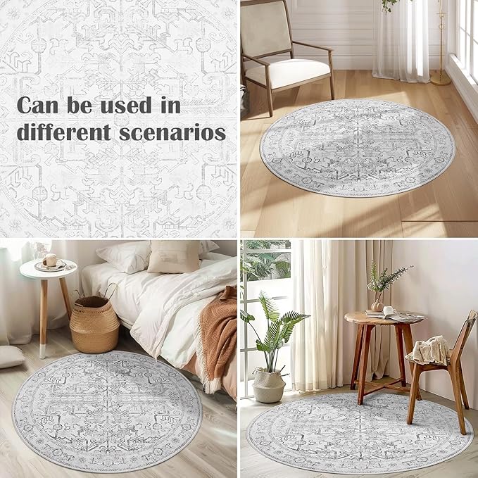 jinchan Lima Round Rug 8ft Vintage Machine Washable Area Rug Indoor Circle 8' Ultra-Thin Non-Slip Floral Print Carpet for Farmhouse Entryway Dining Room Living Room Bedroom Office (8'Round, Grey)