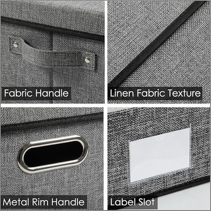 PRANDOM Storage Bins with Lids [3-Pack] Linen Fabric Foldable Storage Boxes Organizer Containers Baskets Cube with Cover Grey(23.4X15.9X11.4)