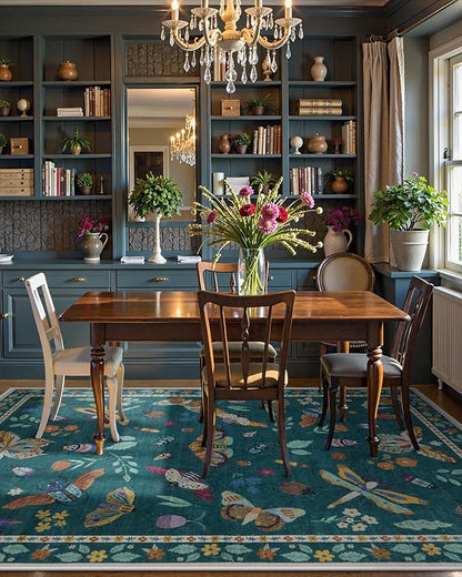Lahome Insect 9x12 Area Rugs for Living Room Bedroom, Soft Washable Rugs 9x12 Stain Resistant, Ultra-Thin Non-Slip Non-Shedding Accent Carpet for Dining Room Office, Dark Green