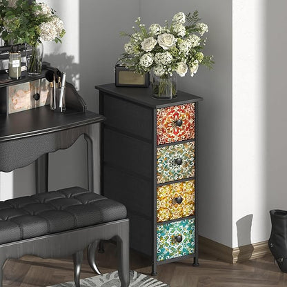 GiftGo Skinny Slim Dresser with Fabric Drawers Thin Boho Mandala Flower Chest of Drawers Narrow Storage Tower for Small Spaces Gaps Bedroom Beautiful Nightstand Living Room Table