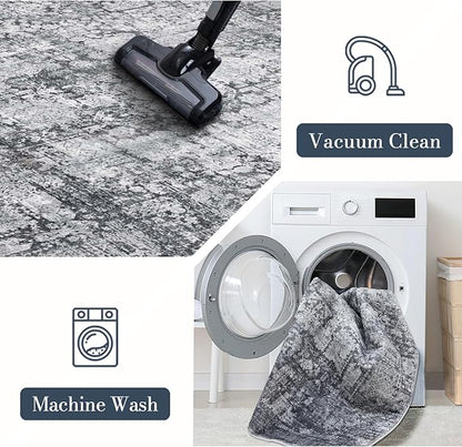 Area Rug 5×7, Vintage Boho Rug,Ultra-Soft Low Pile, Washable, Non Slip,Stain Resistant Printed Carpet for Living Room Bedrooms Playroom Office Kitchen, Dark Stone