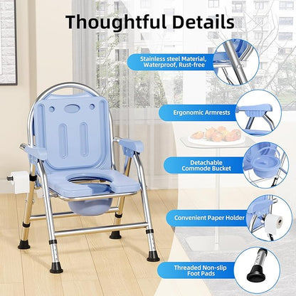 4 in 1 Folding Bedside Commode Chair for Elderly with Arms and Back,Adjustable Height Raised Toilet Seat with Handles,Adults Potty Chair for Seniors,Disabled,Holds Up to 350 lbs (ABS Plastic Seat)