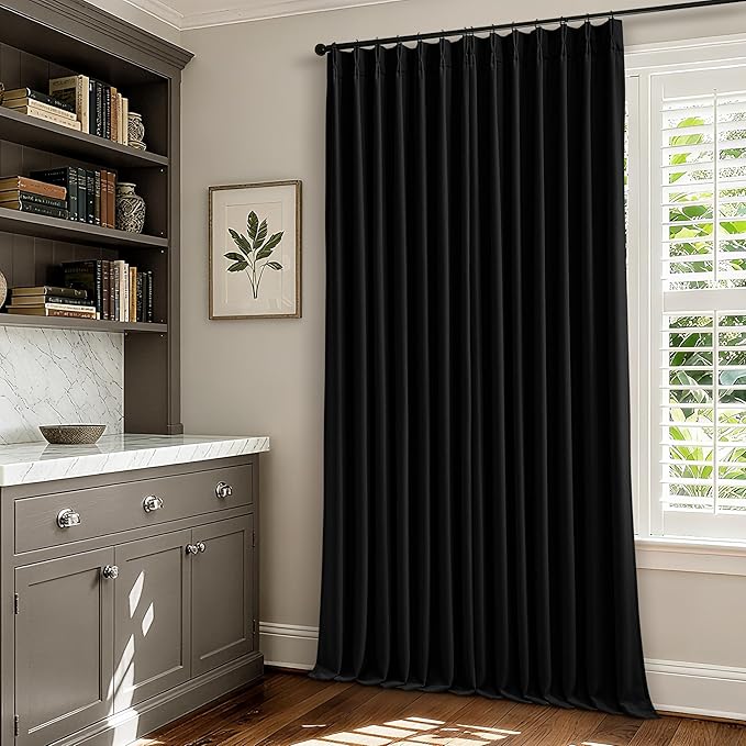 Black 80 Inch Pinch Pleated Black Out Curtains 2 Panel Set for Living Room Pinch Pleat Linen Drapes with Liner 80 Inches Long 100% Blackout Light Blocking Energy Saving Curtain for Dining Bedroom