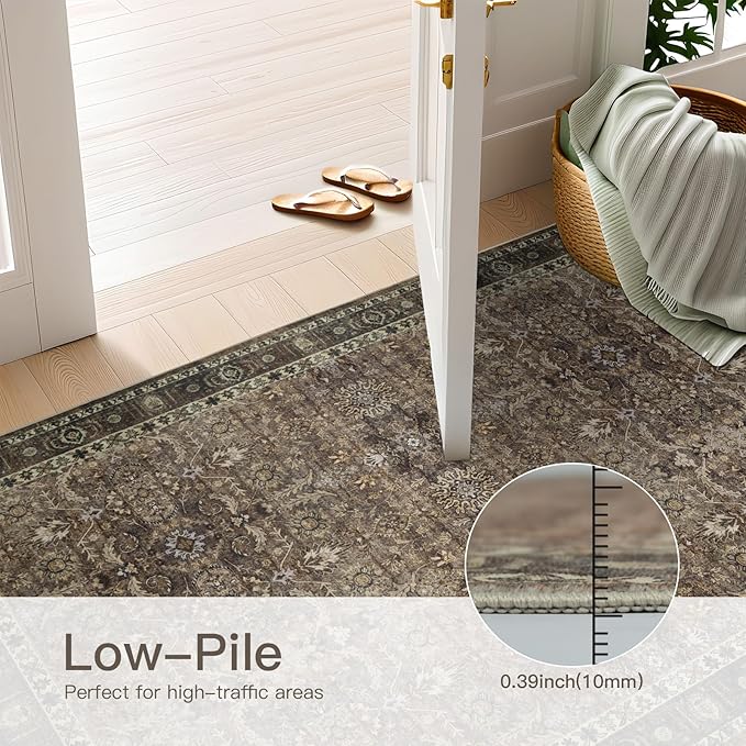 4x6 Vintage Washable Area Rug for Living Room,Low Pile Non Slip Carpet Non-Shedding Small Area Rug Soft Indoor Stain Resistant Rug Floral Print Mat for Bedroom Dining Room Brown Floral