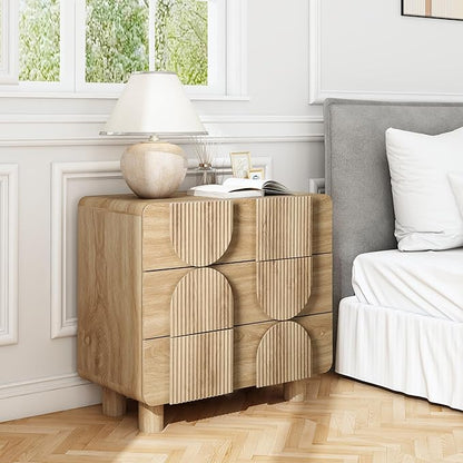 3 Drawer Dressers for Bedroom, 31.5" Wide Large Mid Century Modern Fluted Nightstand, Wood Dresser & Chest of Drawers with Curved Profile for Living Room, Entryway, Hallway, Natural