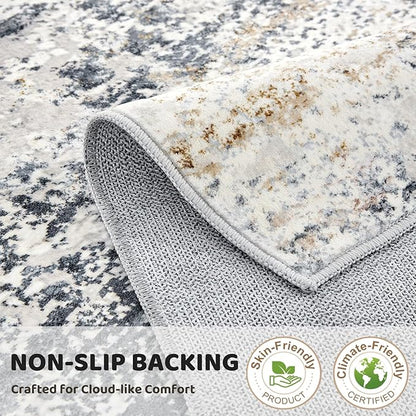 8ft Round Area Rug Living Room Rugs - 8x8 Washable Large Soft Indoor Neutral Modern Abstract Low Pile Rug Carpet for Bedroom Dining Room Farmhouse Home Office - Beige Blue