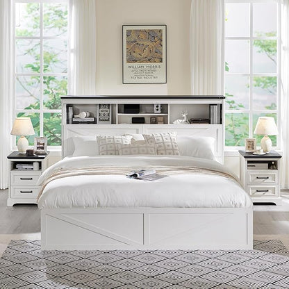 ACCOHOHO Farmhouse King Size Bed Frame with 52" High Storage Bookcase Headboard and 4 Drawers,Wooden Bed Frame with LED Light and Charging Station,White