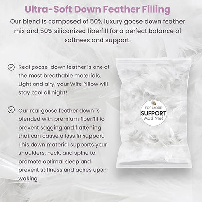 Wife Pillow - Topper, Hotel Style, 50/50 Blend: Goose Down Feather & Siliconized Fiberfill. Machine Wash & Dry. Adjustable for Side Sleepers by Zipper Access Add/Remove Filling: Soft Support