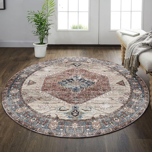 vivorug Round Rug 6ft Vintage Round Area Rug Non-Slip Indoor Carpet for Living Room Bedroom Entryway, Stain Resistant Home Decor Circle Rug, Brown