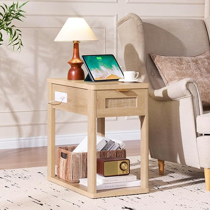 LEYAOYAO Narrow Side Table Set 2, 24x14'' Rattan Night Stand with Charging Station Drawer Storage,Natural Wood Bedside End Table for Small Spaces,Boho Nightstand for Living Room Bedroom