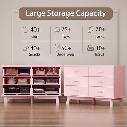 Dresser for Bedroom, 6 Drawer Wide Modern Chest of Drawers with X-Shaped Sturdy Base, Wood Double Dresser Closet Clothes Storage Organizer, Wooden TV Stand for Living Room, Hallway, Pink