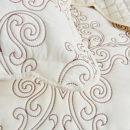 CHIXIN Bedspread Coverlet Quilt Set Full Size - Lightweight Bedding Cover - Beautiful Stitching - 5 Piece Reversible Bedspread - Luxury Damask Paisley Pattern (Full, Ivory)