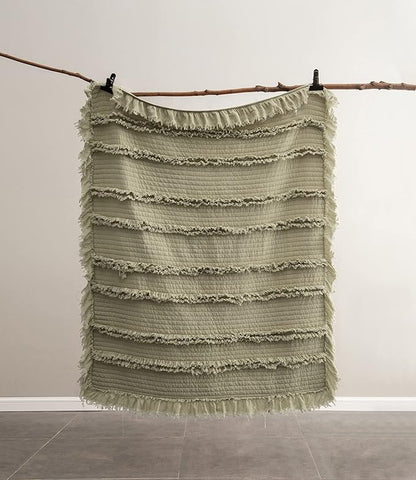 Ultra Soft Pre-Washed Quilted Throw Blanket, Ruffle Fringed Olive Green Decorative Throw, Sage Green Stone Washed Chic Rustic Blanket for Sofa Couch Bed, 50"x 60"