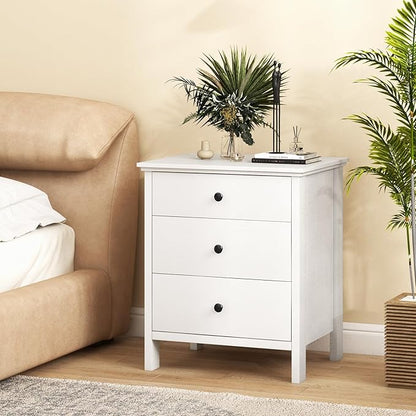Giantex Nightstand with 3 Drawers Set of 2, Wooden Side End Table with Solid Wood Legs, Retro 3-Drawer Bedside Table Night Stand for Bedroom Home Office Small Space, Easy Assembly, White