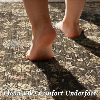 Washable 4x6 Rugs for Living Room, Boho Non-Slip Vintage Distress Small Rugs for Bedroom Nursery Office, 0.3" Neutral Oriental Throw Thin Carpet with Cushioning Pad, Tan/Flaxen/Multi