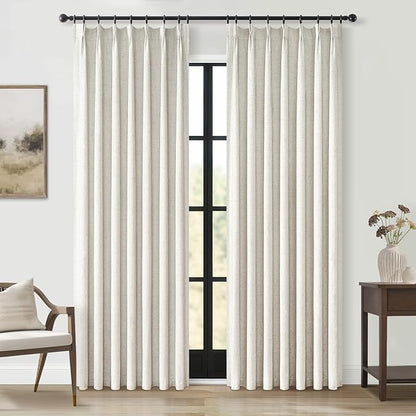 Topfinel 90 Inches Long Full Blackout Linen Curtains for Bedroom, Pinch Pleated Sound Block Curtains, Oatmeal Decorative Elegant Farmhouse Lined Drapes 2 Panels Set for Living Room Sliding Door