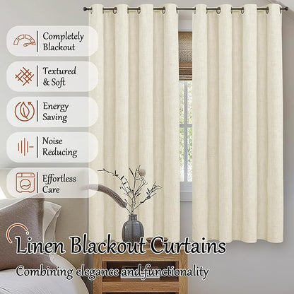 60 Inch Wide Linen Blackout Curtains for Bedroom 63 Inch Length 2 Panels, Total Black Out Thermal Insulated Energy Efficiency Grommet Boho Window Drapes White Liner for Modern Farmhouse, Cream