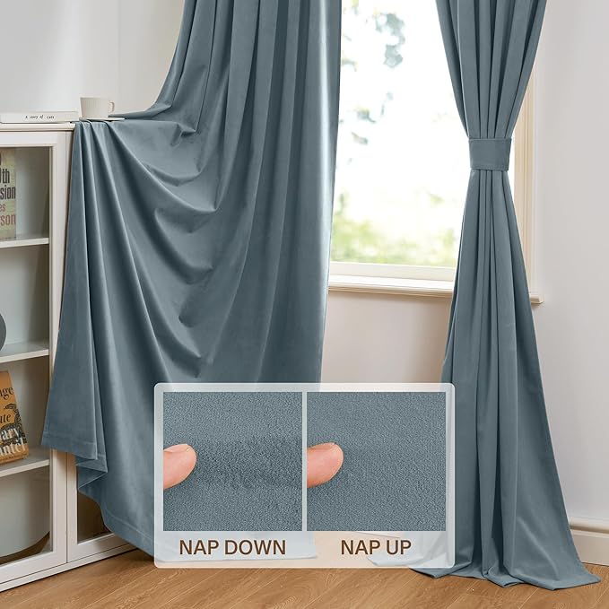 StangH Stone Blue Velvet Drapes 120 inches Long, Nursery Kids Bedroom Home Decoration Thermal Insulated Room Darkening Sliding Door Curtains for Living Room, W52 x L120, 2 Panels