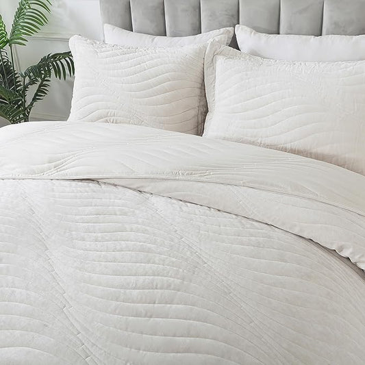 HoneiLife King Quilt Bedding Set - Velvet Quilt Sets 3-Pieces, Lightweight Bedspreads Solid Coverlets Retro Bed Cover Quilt King Size All Season Quilts, Nature White