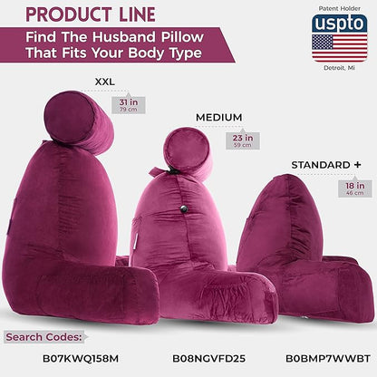 Husband Pillow XXL Aspen Edition - Adult Reading Bed Rest Pillow with Arms & Detach Neck Roll on Bungee Cord - Premium Memory Foam, Reversible 2 Sided Covers Micro Suede or Plush, Sliding Raspberry