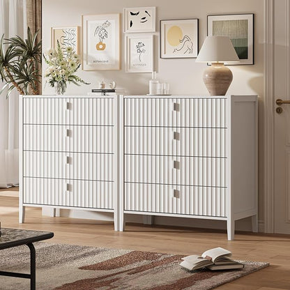 4 Drawer Dresser, Modern Chest of Drawers for Bedroom, Wood Fluted Dresser Organizer with Deep Drawers for Clothes, Nightstand for Bedroom, Hallway, Living Room, Entryway, White