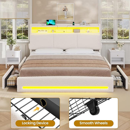 VIAGDO King Bed Frame with Storage Headboard and Charging Station, Boucle Upholstered Bed Frame King Size with 4 Drawers and LED Lights, Type C and USB, No Box Spring Needed, Cream White