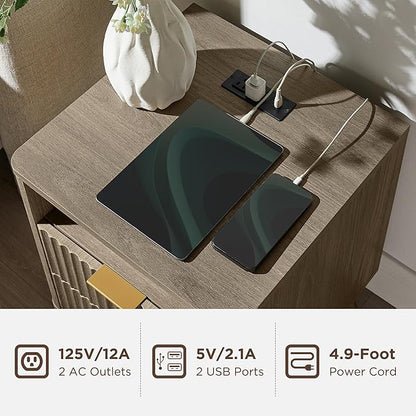 T4TREAM Fluted Nightstand with Charging Station, 18" Modern Side Table with 2 Drawers, End Table w/Storage, Bedside for Bedroom, Living Room, Curved Profile Design, Grey Alder