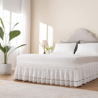 MIYE Wrap Around Ruffled Lace Bed Skirt, Elastic Dust Ruffle with Adjustable Belts,15 Inch Drop Easy to Put On, Bed Frame Cover, Machine Washable (Ruffled Lace, Full/Twin-15)