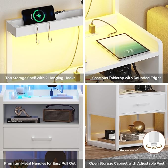 VIAGDO Nightstand Set of 2 with Charging Station and LED Lights, White Night Stand with Drawer, Modern End Side Table with Open Storage Shelves, Bedside Tables for Bedroom, Office