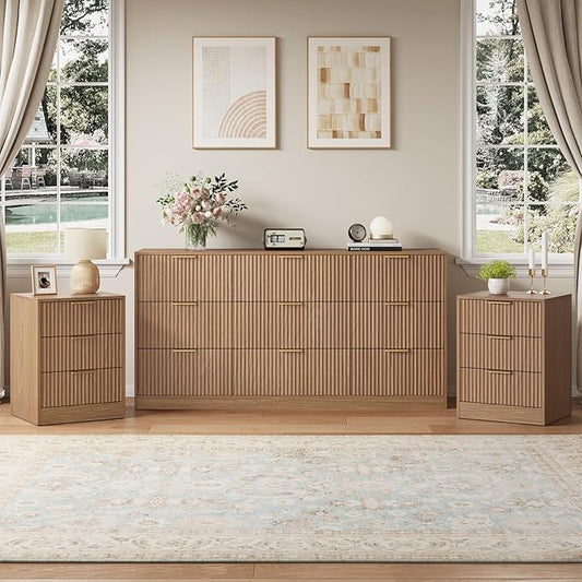 Fluted Dresser & 3 Drawer Nightstand Set 3-Piece, 63” Long 9 Drawer Dresser and Night Stand Set of 2, Fluted Modern Wood Chest of Drawers Storage Dressers Set for Bedroom, Natural Wood