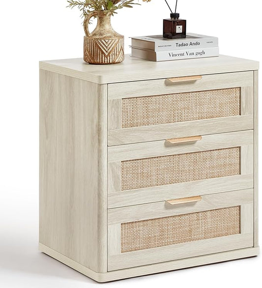 LEYAOYAO Boho Night Stands Set 2 with Storage, 23" Rattan Nightstand with 3 Drawers, Grey White Bed Side Table, Bedside End Tables for Bedroom, Living Room, Hallway
