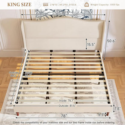 koorlian King Size Bed Frame Upholstered Platform Bed with 51" Tall Headboard Wingback, Soft Fabric, Retro Simple Style Platform Bed No Box Spring Needed, Easy Assembly, Beige