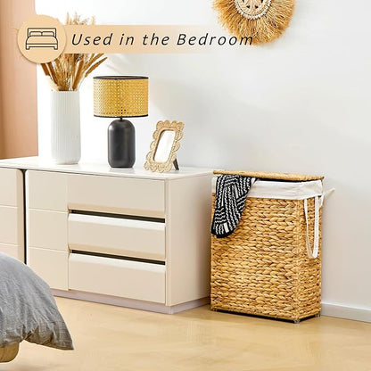 Handwoven Slim Laundry Hamper with Lid, 55L Natural Water Hyacinth Basket and Handles, Narrow Wicker Laundry Basket with Removable Liner Bag & 2 Mesh Bags