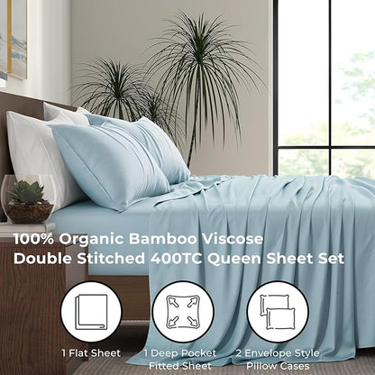 Luxury Bamboo Market | Queen Size Bed Sheet Set | 100% Viscose Made from Bamboo | Organically Grown | Ultra Soft | Cooling Sheets for Hot Sleepers | 17" Deep Pocket [Spa Blue]