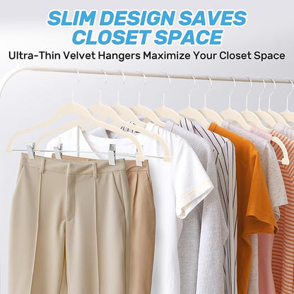 Velvet Pants Hangers 20 Pack with Adjustable Clips, Space-Saving Slim Felt Clothes Hangers, Heavy Duty & Non-Slip Flocked Hangers for Pants, Skirts, Dresses and Jeans(Beige)