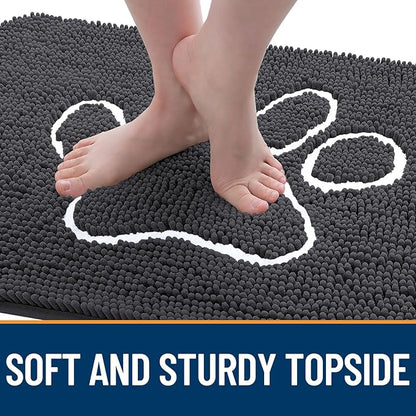 OLANLY Dog Door Mat for Muddy Paws 47x32, Paw Print Design, Absorbs Moisture and Dirt, Absorbent Non-Slip Washable Doormat, Quick Dry Chenille Mud Mat for Dogs, Entry Indoor Entryway Carpet, Dark Grey