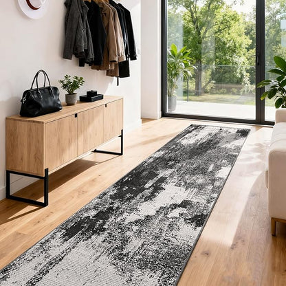 3x12 Long Hallway Runner Rug: Kitchen Rugs Non Slip Washable Low Pile Abstract Rug Runner with Rubber Backing Indoor Stain Resistant Carpet Runners for Bedroom Dining Living Room Black White