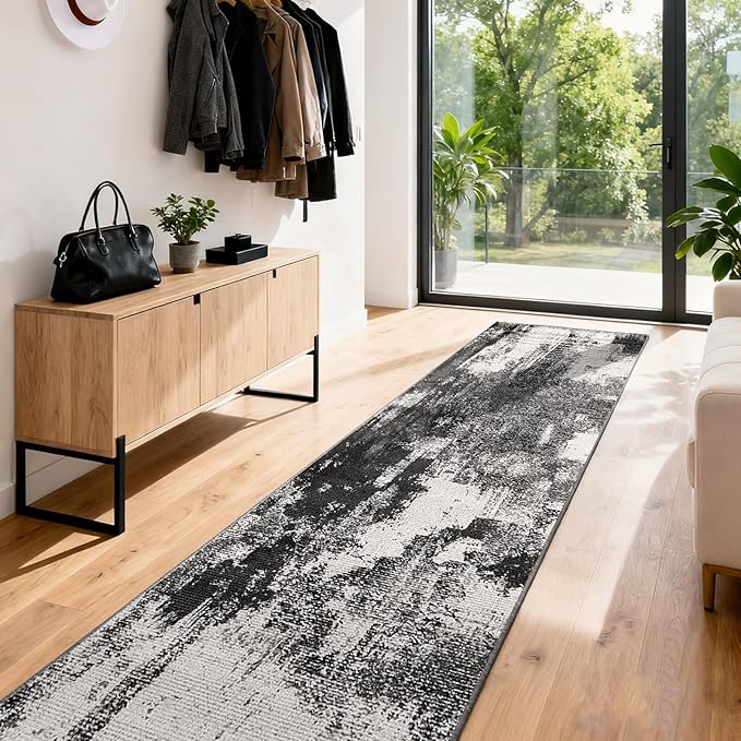 3x8 Hallway Washable Runner Rug: Extra Long Kitchen Runner Non Slip Abstract Rugs Printed Faux Wool Low Pile Soft Indoor Floor Carpet for Bedroon Dining Living Room Bathroom Black White 3x8