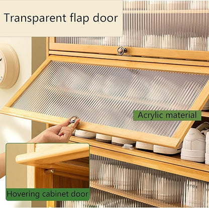 Bamboo Shoe Cabinet with Acrylic Door,10-Tier Shoe Storage Rack, 40-45 Pairs Freestanding Shoe Rack, Entrance Shoe Cabinet for Hallway Living Room