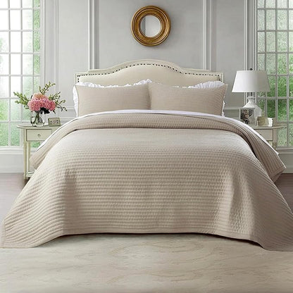 Oversized King Quilt Set 112"x106" – Soft Washed 3-Layer Lightweight California King Bedspread, Minimalist Nordic Design, All-Season Spring & Summer Quilt Set (1 Quilt + 2 Pillow Shams),Light Taupe