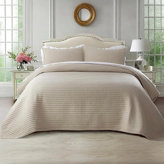Oversized King Quilt Set 112"x106" – Soft Washed 3-Layer Lightweight California King Bedspread, Minimalist Nordic Design, All-Season Spring & Summer Quilt Set (1 Quilt + 2 Pillow Shams),Light Taupe