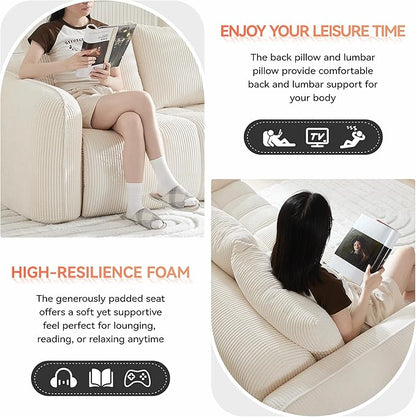 Corduroy Boneless Living Room Sets, Modern Upholstered Loveseat with 2 Signle Sofa Chairs, Comfy Deep Seat Cloud Sofa Couch Sets for Living Room, White